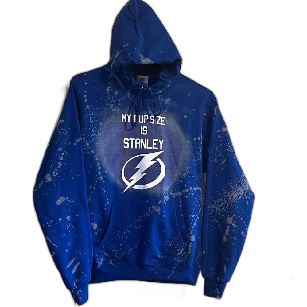My Cup Size Is Stanley Hockey Graphic Hoodie Glitter Bleach Dye S Blue Pullover